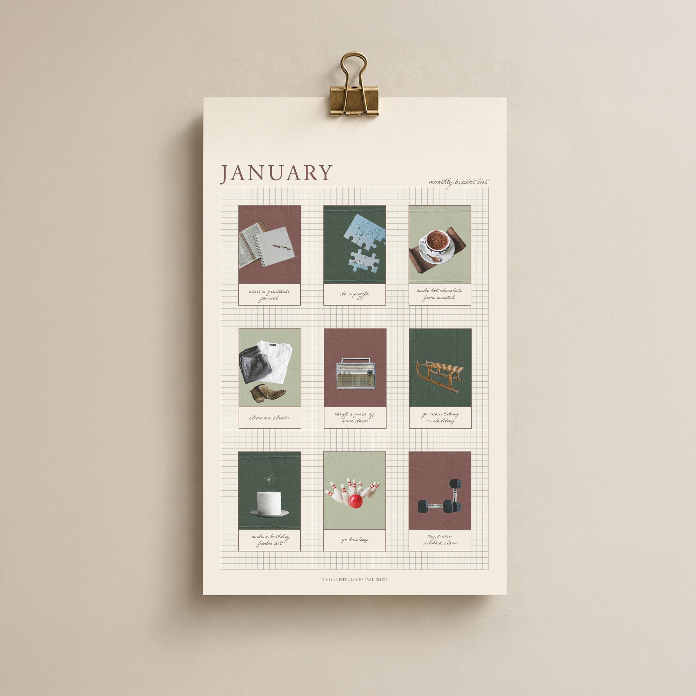 Monthly Bucket List Calendar | PRINTED Calendar | Monthly Bucket List | Winter Activities